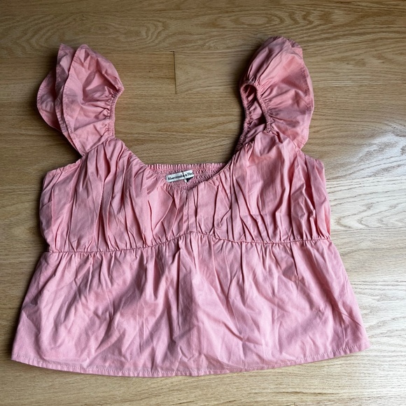 Abercrombie & Fitch Ruffle Sleeve Poplin Peplum Crop Top - Picture 2 of 3
